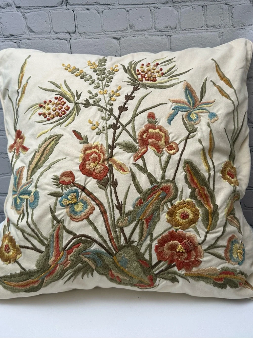 Embroidered Floral Decorative Pillow - Ivory with Multicolor Blossoms